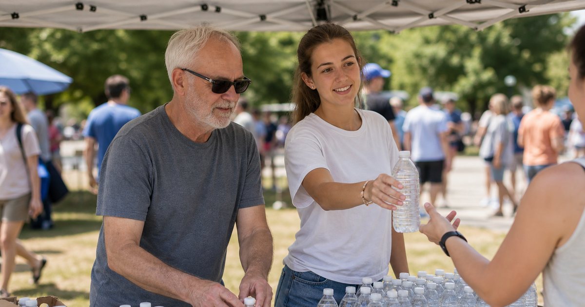 A retired man and a college-age woman standing at a folding table outdoors handing out water bottles at a community event, pop-up tent overhead, sunny afternoon, people walking past in the background