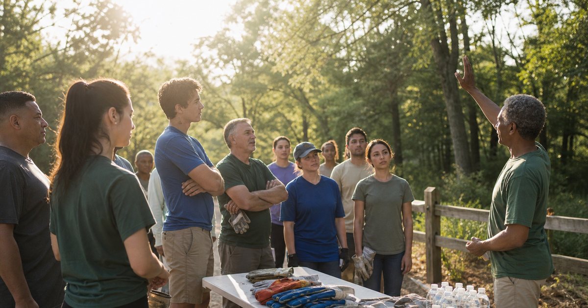 A group of volunteers in plain colored t-shirts gathered around a folding table at a park entrance early in the morning, work gloves and water bottles piled on the table, one person counting the group with a raised hand, soft golden sunrise light filtering through trees
