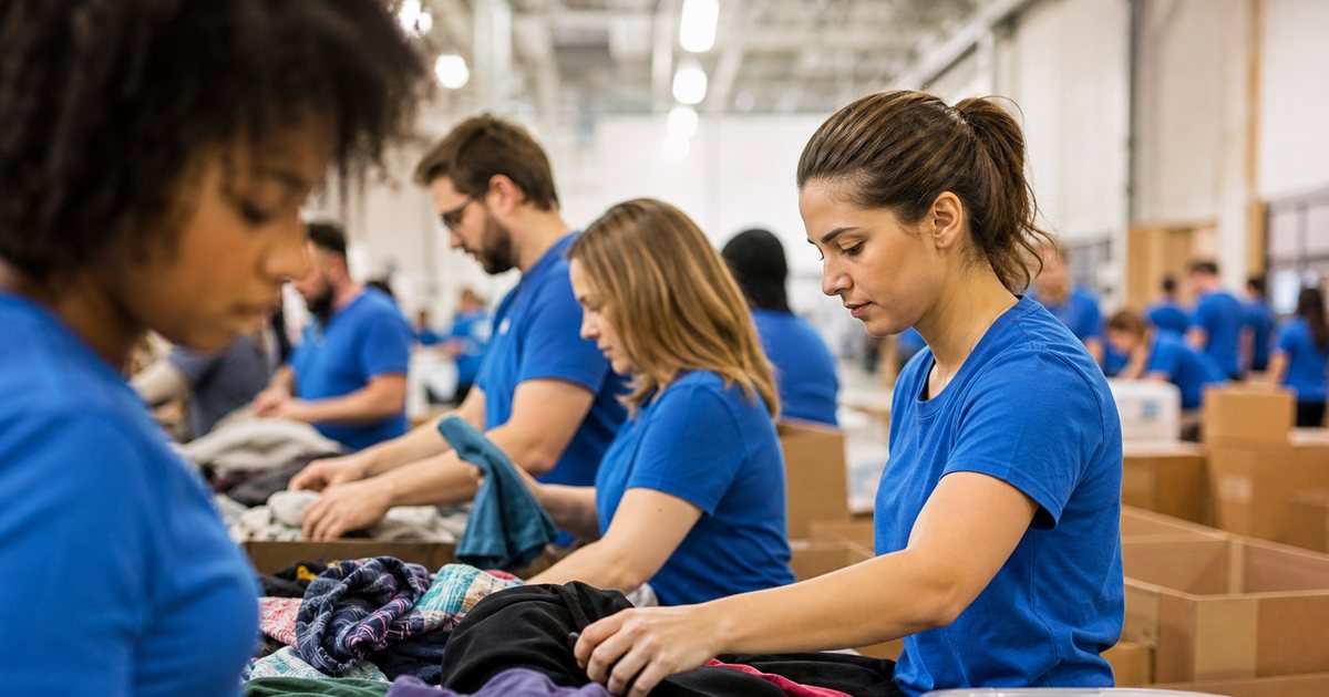 A large group of adults in matching blue t-shirts sorting donated clothing at long folding tables inside a warehouse, cardboard boxes and rolling bins around them, bright overhead lighting