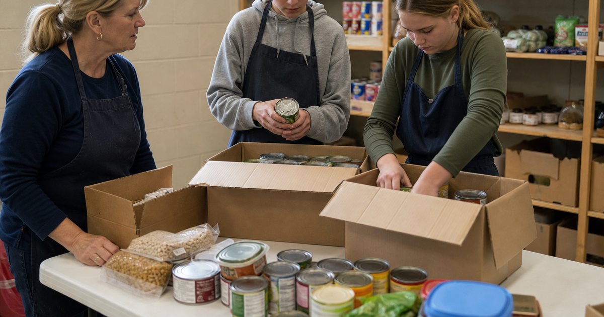 Two teenagers in plain aprons sorting canned goods into cardboard boxes on a folding table inside a community food pantry, an adult volunteer standing beside them, warm afternoon daylight from a high window, wooden shelves in the background