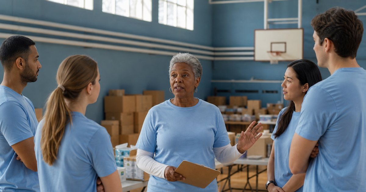 An experienced woman in a volunteer t-shirt briefing a small group of four volunteers in a community center gymnasium before an event, folding tables and stacked boxes behind them, morning light through high windows