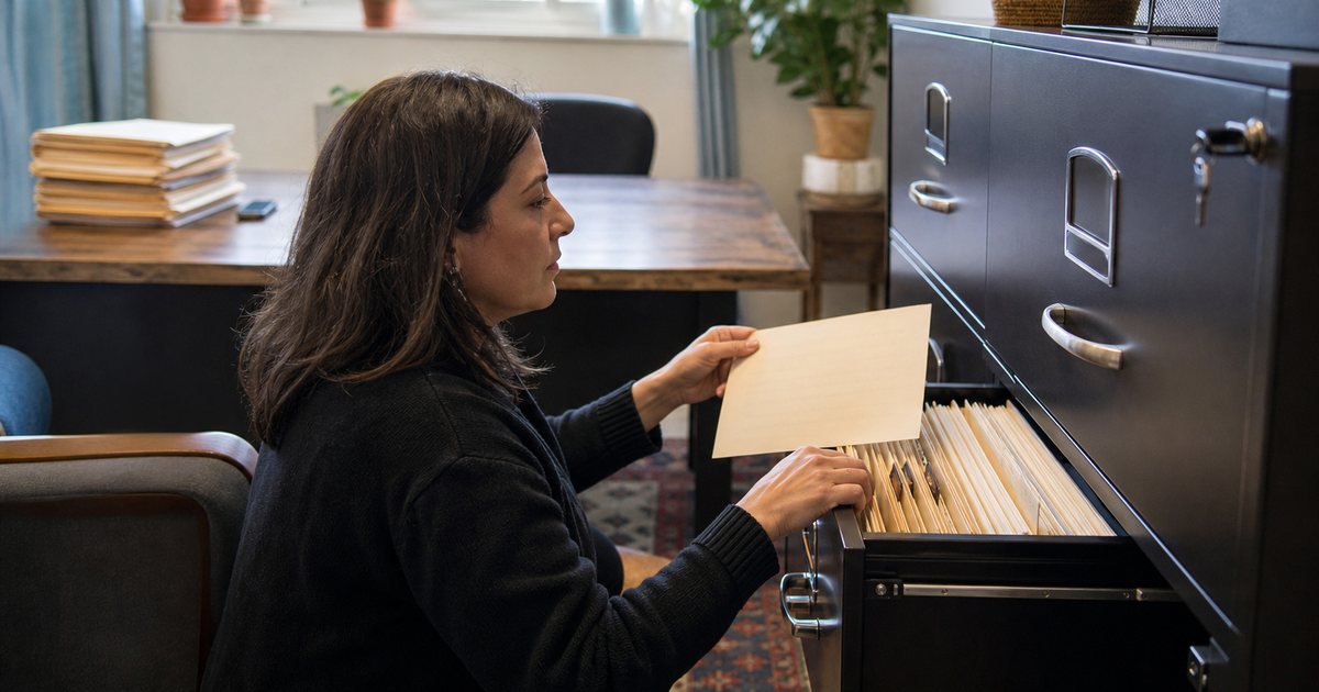 A volunteer coordinator at a wooden desk in a small nonprofit office filing a paper form into a locked metal cabinet, a potted plant and a stack of folders nearby, soft window light