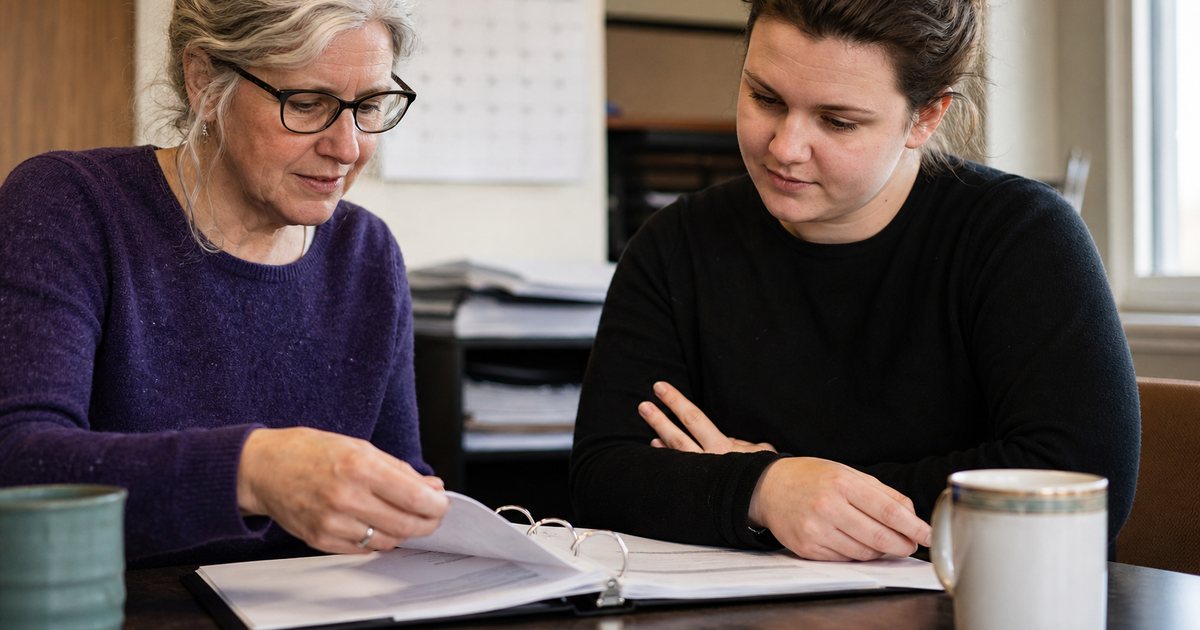 Two women sitting side by side at a table in a small nonprofit office, one older and one younger, going through a binder of printed schedules together, coffee mugs and a wall calendar in the background