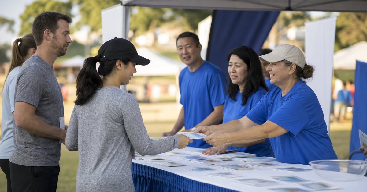 A registration tent at an outdoor community fun run with three volunteers behind a long table handing out race bibs to a short line of runners, early morning light, plain banners without text